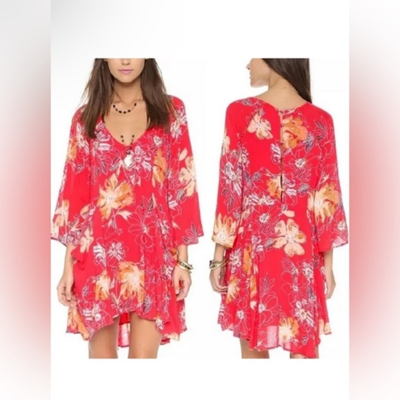 Free People Eyes on You Red Floral Boho Tunic Dress, Size 6 - Picture 1 of 10